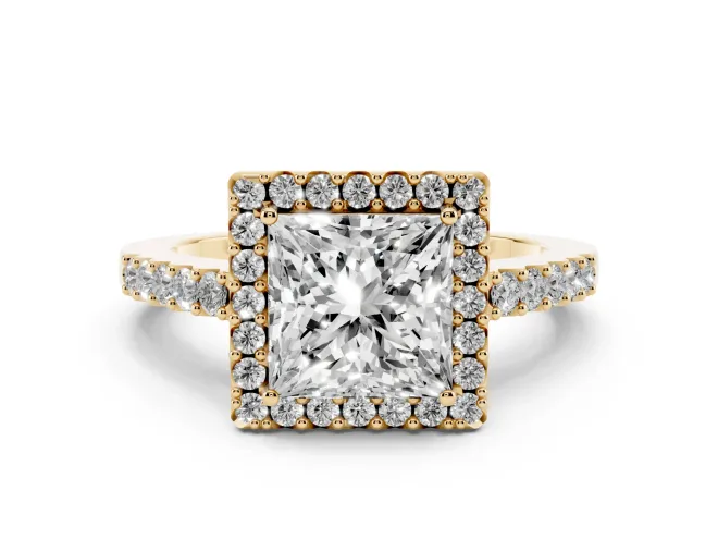 Princess Cut Halo Engagement Ring Setting | Single Row Pavé Band | Yellow Gold