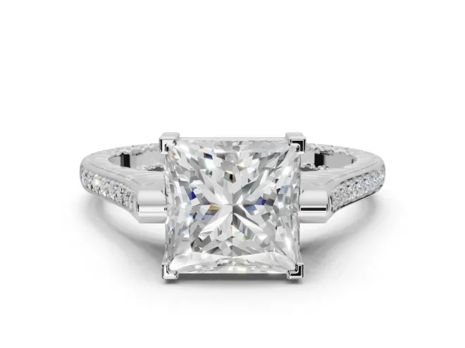 Princess Cut Vintage Cathedral Engagement Ring Setting | Carved Band | White Gold