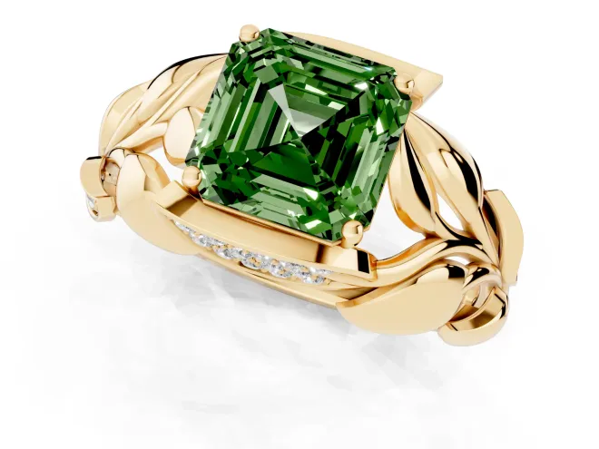 Fancy Green Asscher Cut Diamond Leaf-Inspired Engagement Ring Set in Yellow gold with Round Accents – second view