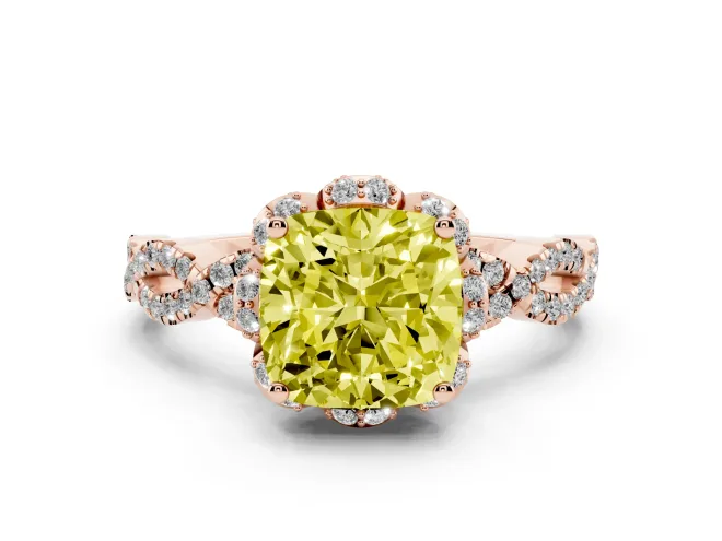 Cushion Cut Milgrain Halo Engagement Ring Setting for a Fancy Yellow Lab-Grown Diamond | Graduated Shoulders | Rose Gold