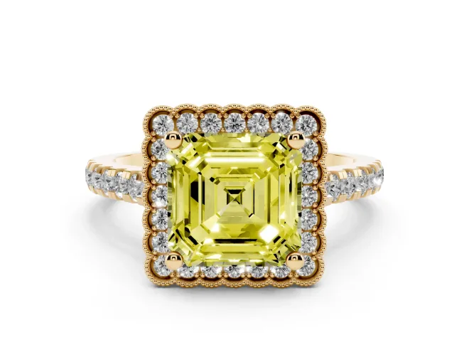 Asscher Cut Milgrain Floral Halo Engagement Ring Setting for a Fancy Yellow Lab-Grown Diamond | Pavé Band | Yellow Gold