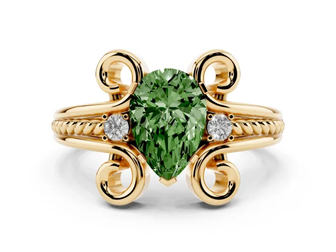 Pear-Shaped Scroll Engagement Ring Setting for a Fancy Green Lab-Grown Diamond | Yellow Gold