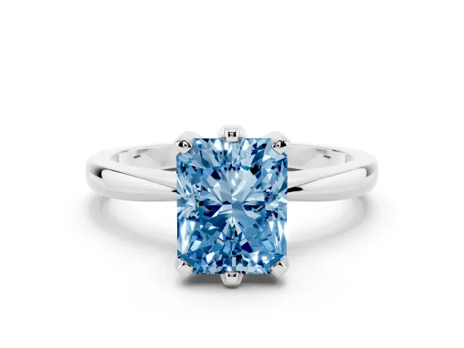 Fancy Blue Radiant Cut Diamond Solitaire Engagement Ring Set in White gold with Slim Tapered Solitaire Band