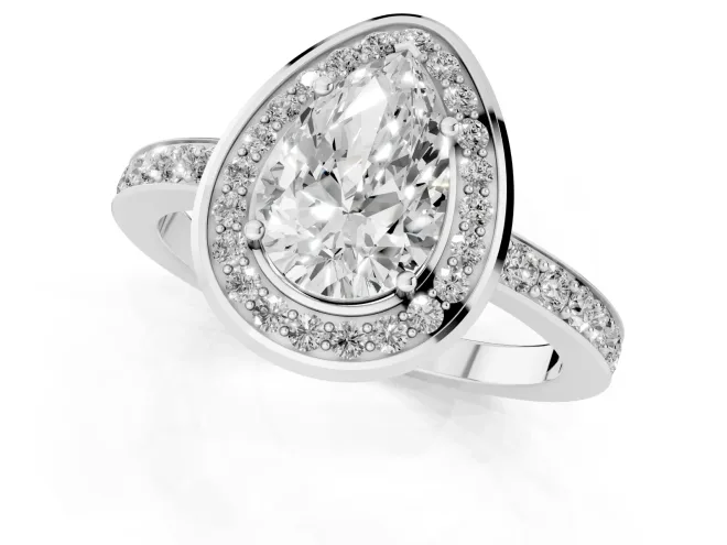 Pear Cut Diamond Halo Ring Set in White gold with Bezel Frame and Pavé Band – second view