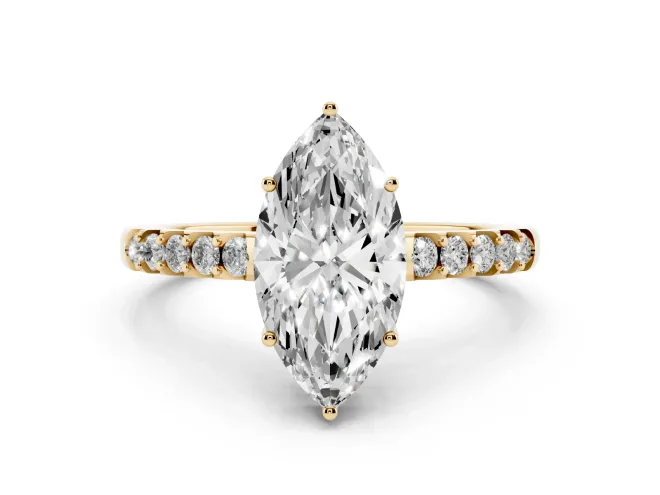 Marquise Cut Diamond Solitaire Engagement Ring Set in Yellow gold with Pavé Band and Prong Setting