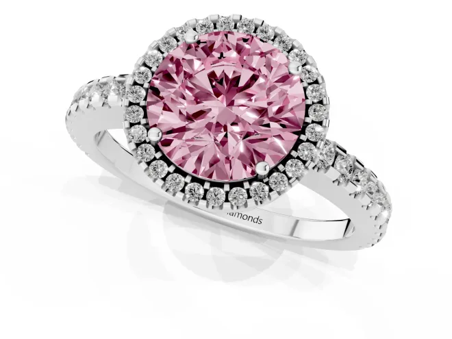 Fancy Pink Round Cut Diamond Halo Ring Set in Silver with Pavé Shoulders and Halo-Framed Center – second view
