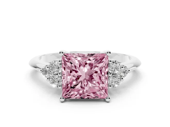 Fancy Pink Princess Cut Diamond Cluster Ring Set in White gold with Plain Band and Prong Setting