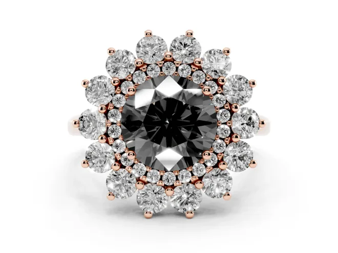 Round Floral Double Halo Engagement Ring Setting for a Black Center | Plain Band | Rose Gold