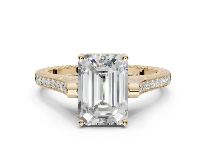 Emerald Cut Vintage Cathedral Engagement Ring Setting | Carved Band | Yellow Gold