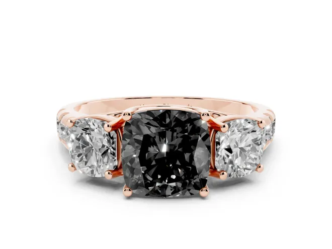 Fancy Black Cushion Cut Diamond Three-Stone Ring Set in Rose gold with Pavé Band
