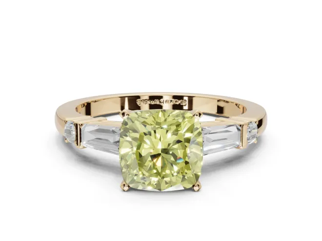 Cushion Cut Tapered Baguette Engagement Ring Setting for a Fancy Yellow Lab-Grown Diamond | Bar Set Sides | Yellow Gold