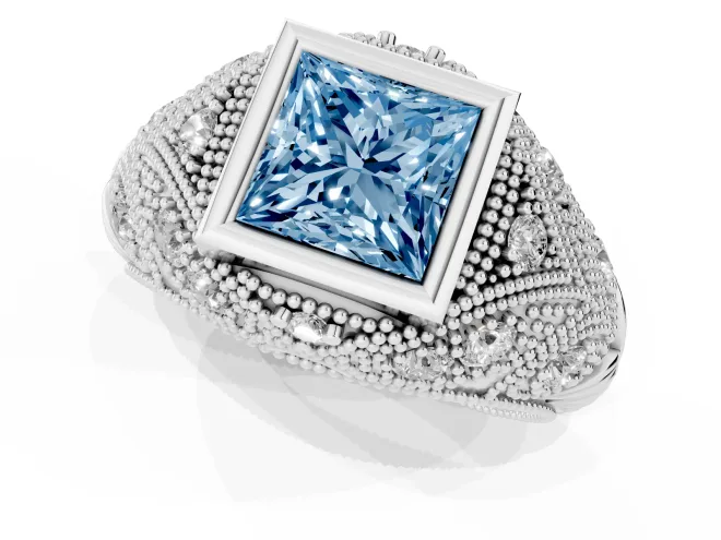 Fancy Blue Princess Cut Diamond Bezel Ring Set in White gold with Milgrain Accent Band – second view