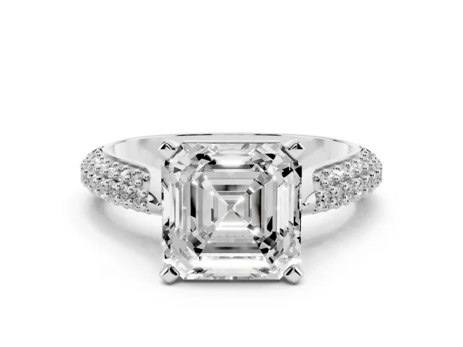 Asscher Cut Pavé Solitaire Engagement Ring Setting | Multi-Row Shoulders | White Gold