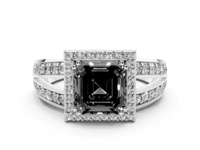 Fancy Black Asscher Cut Diamond Halo Ring Set in Platinum with Double Pavé Split Shank