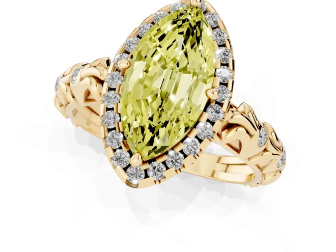 Fancy Yellow Marquise Cut Diamond Halo Ring Set in Yellow gold with Filigree Leaf Band and Prong Setting – second view