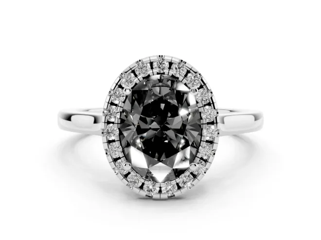 Fancy Black Oval Cut Halo Round Diamond Solitaire Ring Set in Silver with Pavé Band and Prong Setting