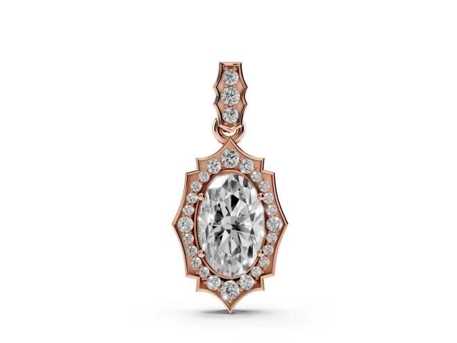 Oval Lab-Grown Diamond Art Deco Halo Pendant Necklace | Scalloped Frame | Rose Gold