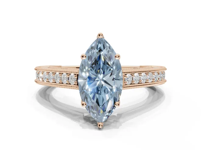 Marquise Vintage Engraved Pavé Engagement Ring Setting for a Fancy Blue Lab-Grown Diamond | Milgrain Edges | Rose Gold