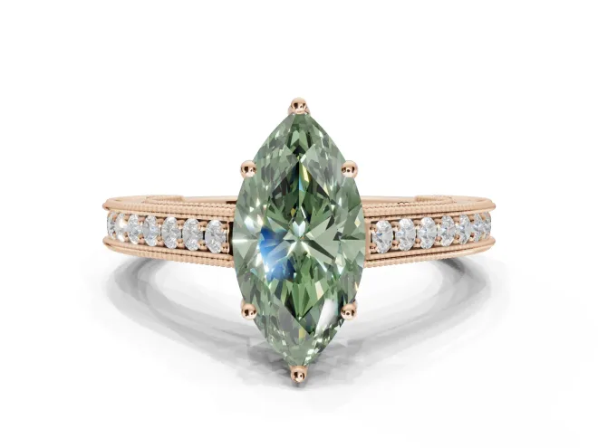 Marquise Vintage Engraved Pavé Engagement Ring Setting for a Fancy Green Lab-Grown Diamond | Milgrain Edges | Rose Gold