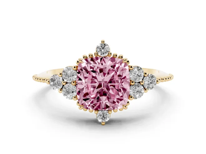 Fancy Pink Cushion Cut Diamond Cluster Ring Set in Yellow gold with Beaded Band