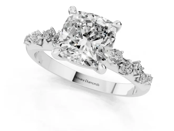 Cushion Cut Diamond Solitaire Vine Band Ring Set in White gold with Round Accents and Prong Setting – second view
