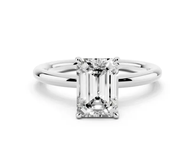 Emerald Cut Hidden Halo Engagement Ring Setting | Thin Plain Band | White Gold