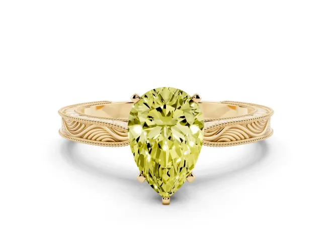 Pear-Shaped Engraved Engagement Ring Setting for a Fancy Yellow Lab-Grown Diamond | Yellow Gold