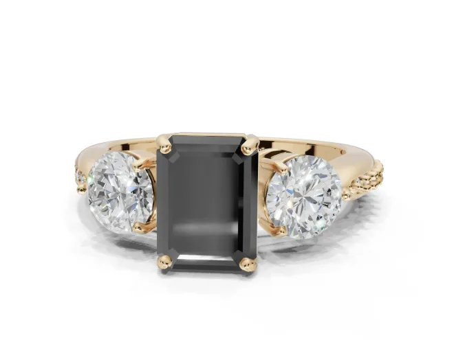Emerald Cut Three Stone Engagement Ring Setting for a Black Center | Tapered Pavé Band | Yellow Gold