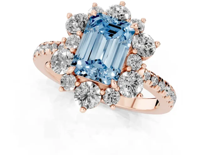 Fancy Blue Emerald Cut Diamond Floral Halo Ring Set in Rose gold with Round Pavé Band and Prong Setting – second view