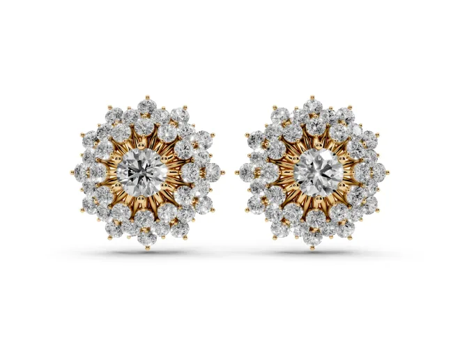 Round Lab-Grown Diamond Sunburst Cluster Stud Earrings | Star Outline | Yellow Gold