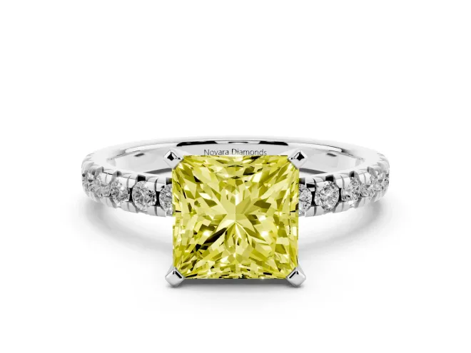 Fancy Yellow Princess Cut Diamond Solitaire Pavé Engagement Ring Set in Silver with Round Band and Prong Setting
