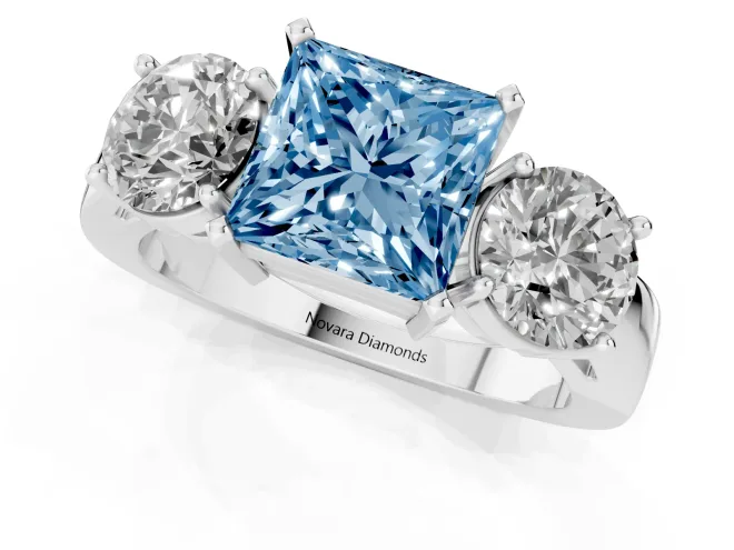 Fancy Blue Princess Cut Diamond Three-Stone Ring Set in White gold with Round Side Stones and Classic Band – second view
