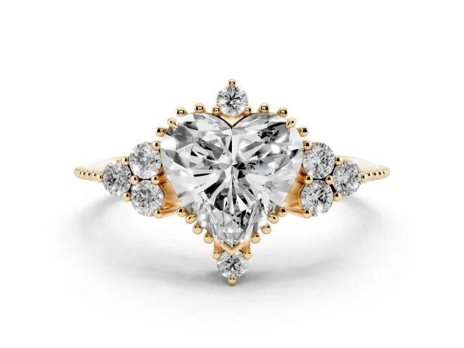 Heart Cut Diamond Cluster Ring Set in Yellow gold with Beaded Band