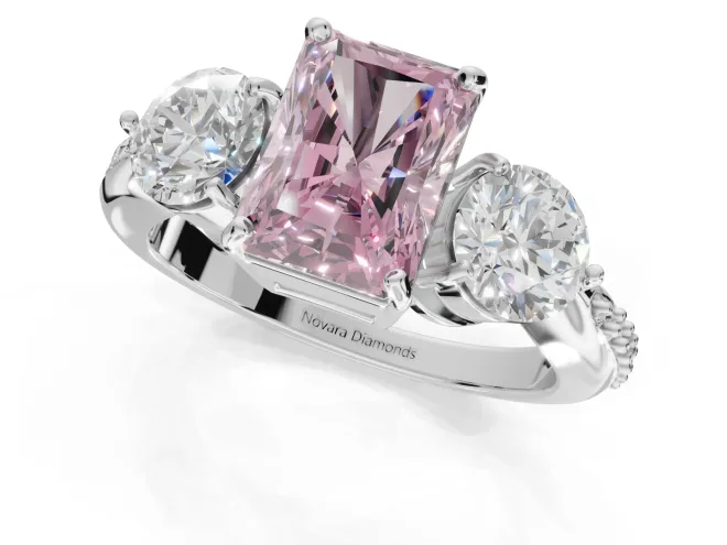 Radiant Cut Three Stone Engagement Ring Setting for a Fancy Pink Lab-Grown Diamond | Tapered Pave Band | Sterling Silver – second view