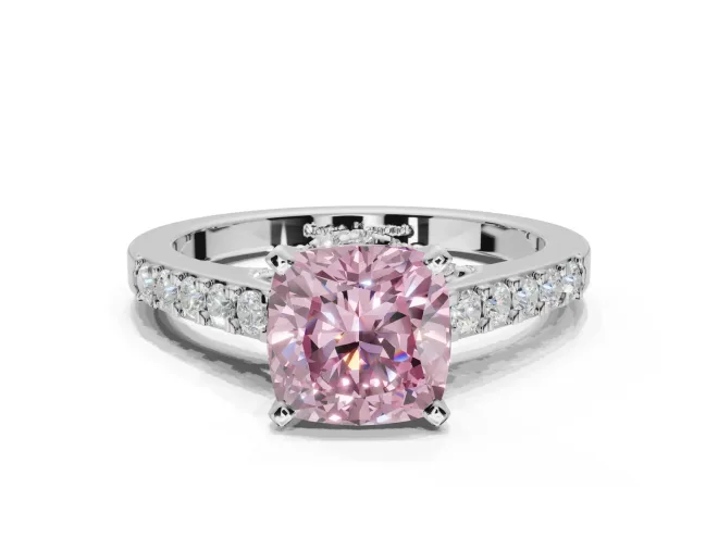 Cushion Cut Pavé Solitaire Engagement Ring Setting for a Fancy Pink Lab-Grown Diamond | Crossover Gallery | White Gold