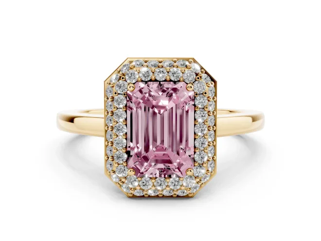Emerald Cut Pavé Halo Engagement Ring Setting for a Fancy Pink Lab-Grown Diamond | Slim Plain Band | Yellow Gold