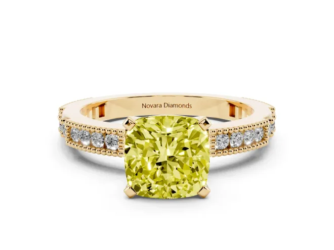 Cushion Cut Vintage Pavé Engagement Ring Setting for a Fancy Yellow Lab-Grown Diamond | Yellow Gold