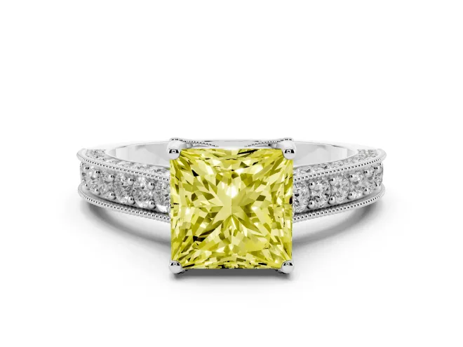 Princess Cut Hidden Halo Engagement Ring Setting for a Fancy Yellow Lab-Grown Diamond | Milgrain Pavé | Platinum