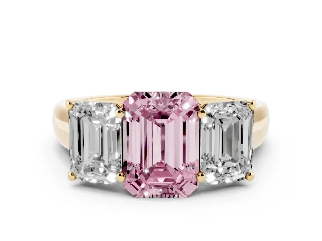 Emerald Cut Three Stone Engagement Ring Setting for a Fancy Pink Lab-Grown Diamond | Basket Prong Heads | Yellow Gold