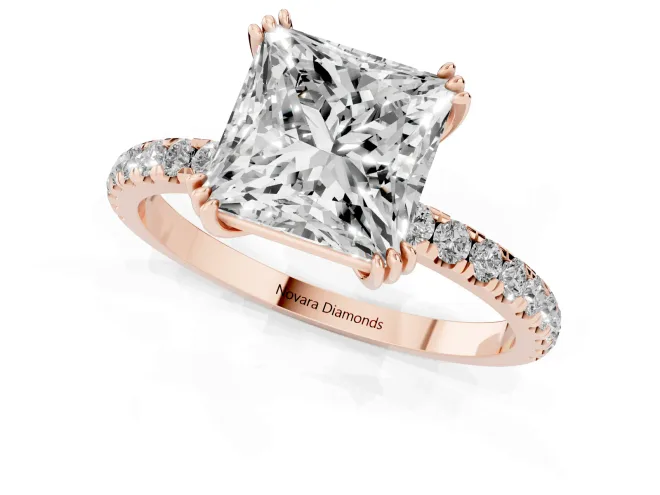 Princess Cut Diamond Brilliant Solitaire Set in Rose gold with Pavé Band and Claw Prong Setting – second view
