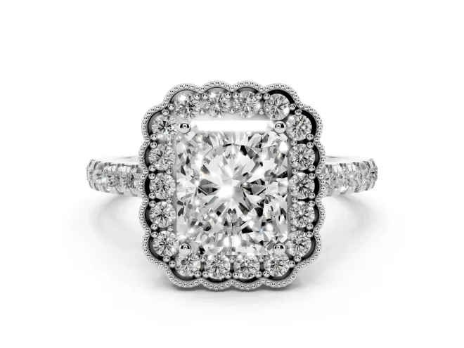 Radiant Cut Vintage Milgrain Floral Halo Engagement Ring Setting | Pavé Band | White Gold