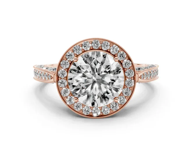 Round Cut Diamond Halo Engagement Ring Set in Rose gold with Accent Split Shank Band