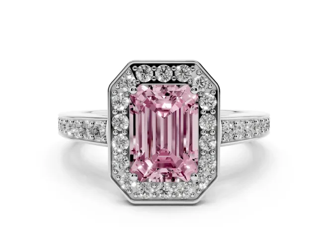 Emerald Cut Framed Halo Engagement Ring Setting for a Fancy Pink Lab-Grown Diamond | White Gold