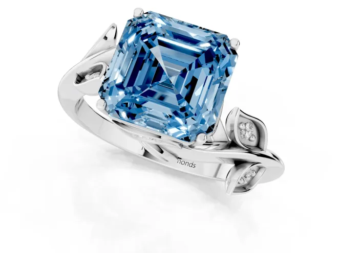 Fancy Blue Asscher Cut Diamond Solitaire Twist Engagement Ring Set in Silver with Pavé Leaf Accents – second view
