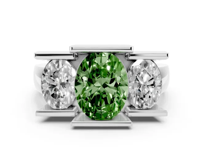 Fancy Green Oval Cut Diamond Three-Stone Channel Set Ring Set in White gold with Smooth Polished Band