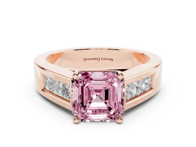 Fancy Pink Asscher Cut Diamond Solitaire Ring Set in Rose gold with Channel-Set Accent Stones and Prong Setting