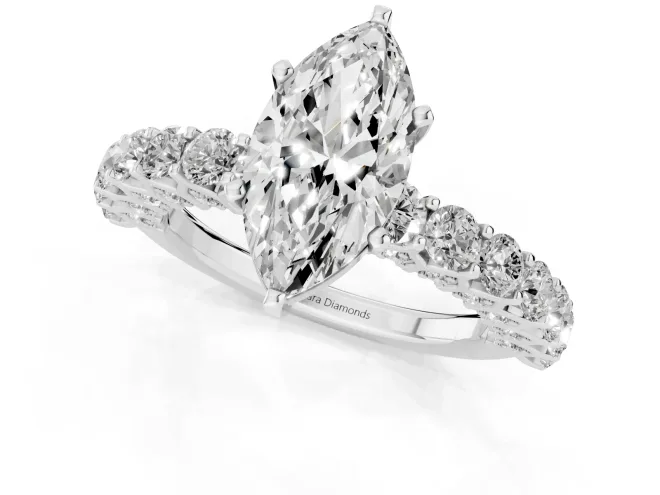 Marquise Cut Diamond Solitaire Ring Set in White gold with Shared Prong Pavé Band – second view