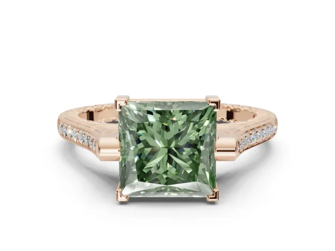 Princess Cut Vintage Cathedral Engagement Ring Setting for a Fancy Green Lab-Grown Diamond | Carved Band | Rose Gold