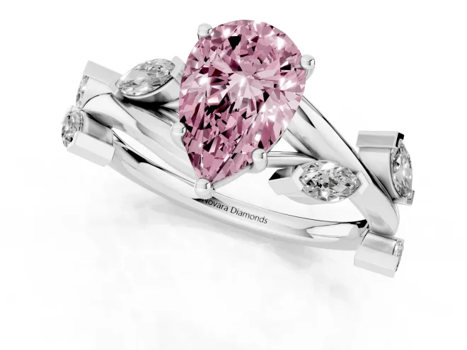 Fancy Pink Pear Cut Diamond Solitaire Ring Set in White gold with Twisted Marquise Accent Band – second view