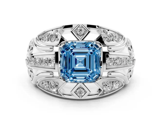 Fancy Blue Asscher Cut Diamond Art Deco Ring Set in Silver with Pavé Split Shank